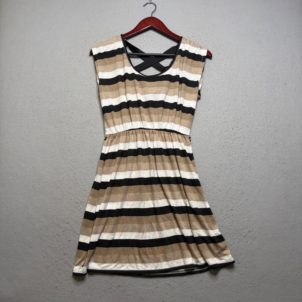 Epilogue Dress Women Medium Tan Black White Striped Criss Cross Back Casual